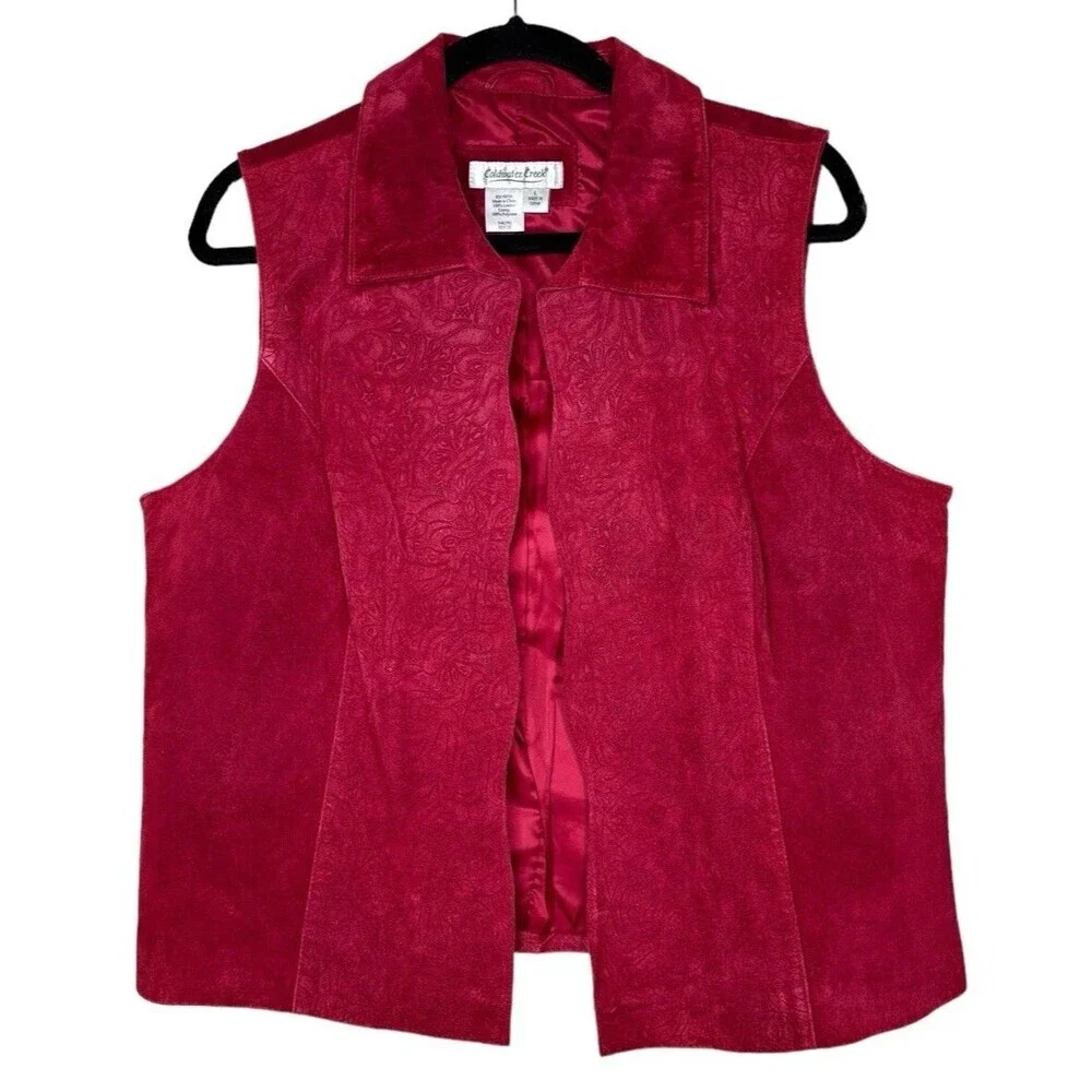 Coldwater Creek Womens Sz L Red 100% Leather Suede Laser Cut Open Front Vest
